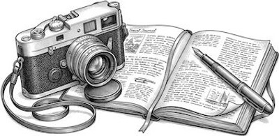 Macchina fotografica e taccuino aperto