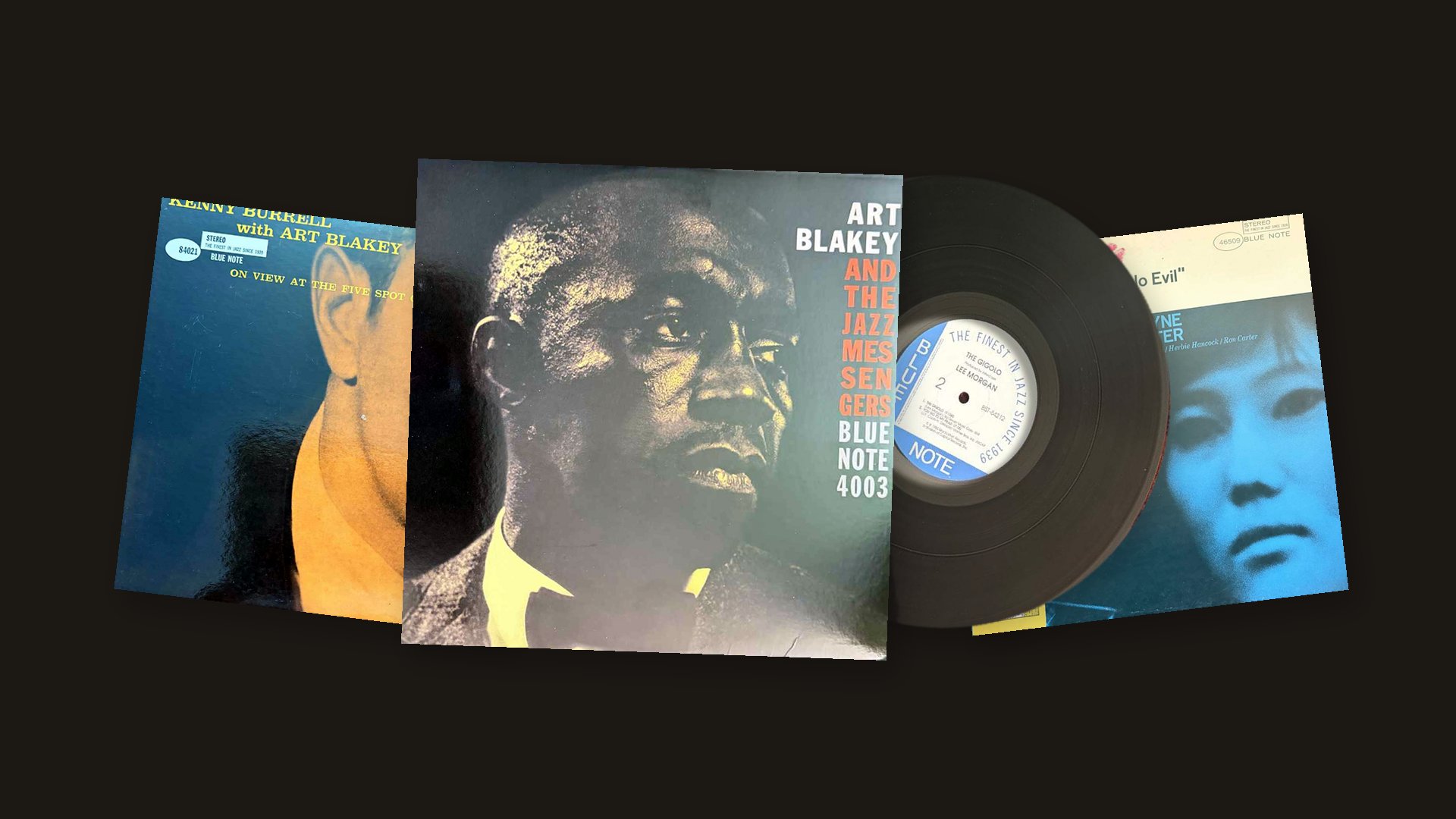 Copertine Blue Note e un disco dalla collezione di Sergio, con Moanin' al centro