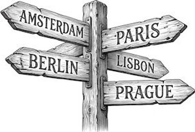 Cartello stradale con i nomi di città europee