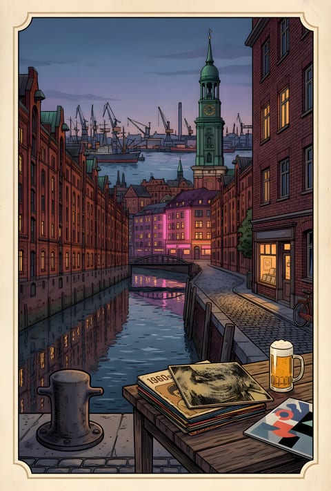 Book illustration: a Hamburg canal at dusk between red-brick warehouses, with harbour cranes and a green church spire behind; in the foreground a mooring bollard, a stack of records and a beer on a wooden table
