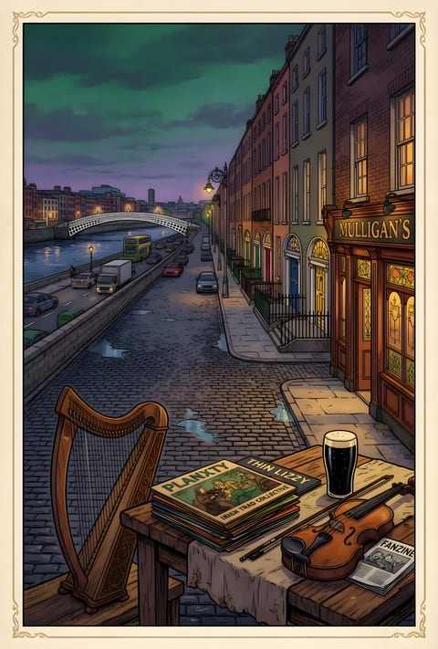 Illustrazione del libro: il lungofiume del Liffey a Dublino al crepuscolo, con un ponte pedonale bianco, case georgiane dalle porte colorate e un pub; in primo piano un'arpa, un violino, una pinta di stout e una pila di dischi