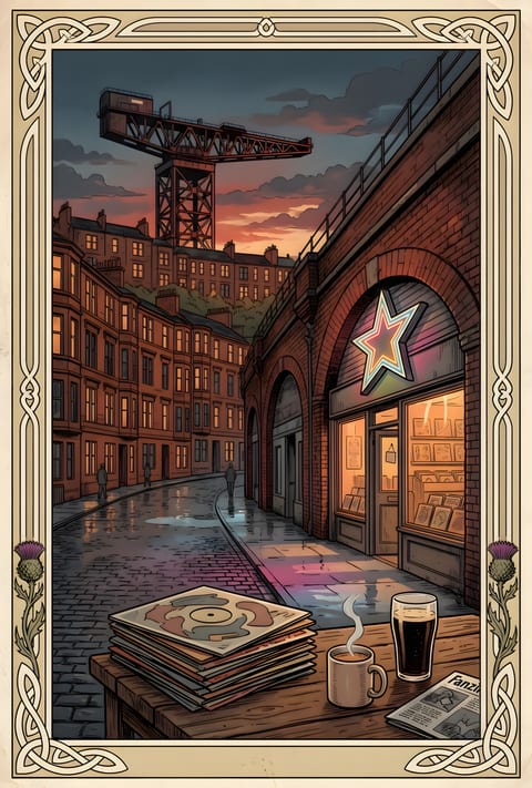 Book illustration: a cobbled Glasgow street under railway arches, with a record shop lit by a neon star and a giant shipyard crane behind; in the foreground a stack of records, a coffee and a pint, inside a Celtic frame with thistles