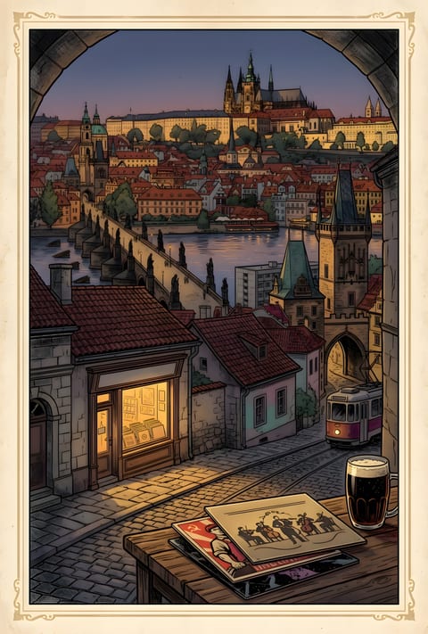 Book illustration: Prague at dusk seen from under an arch, with the castle on the hill, Charles Bridge over the Vltava, a lit record shop on a cobbled street and a tram; in the foreground a few records and a dark beer